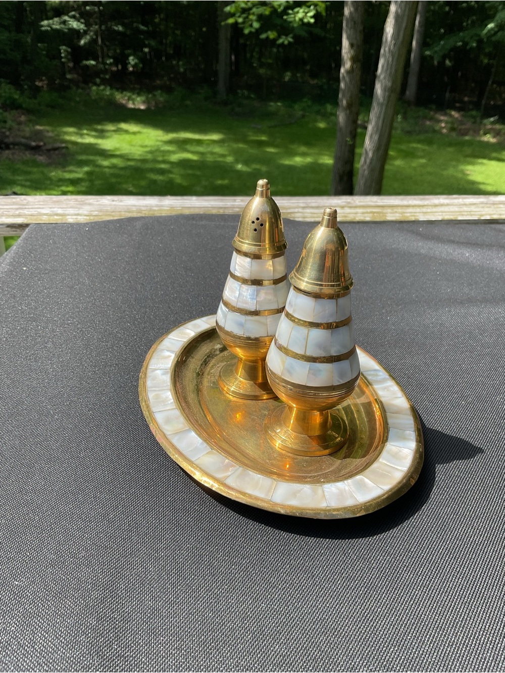 Vintage Brass and Mother-of-Pearl Salt & Pepper Set with Tray